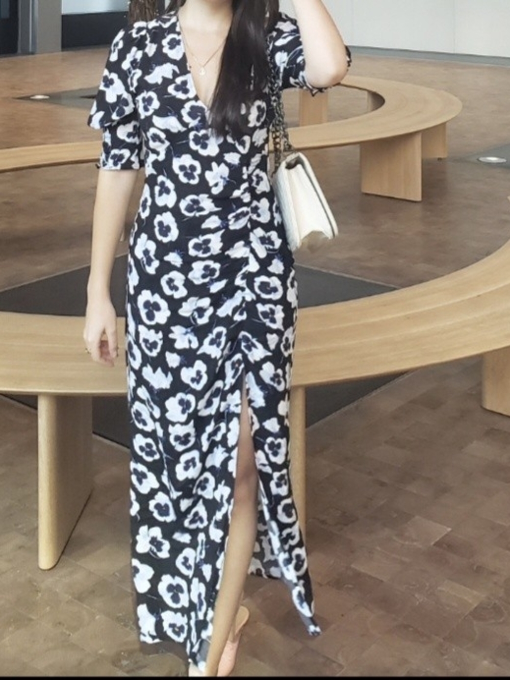 Floral V-Neck Maxi Dress in Black and White